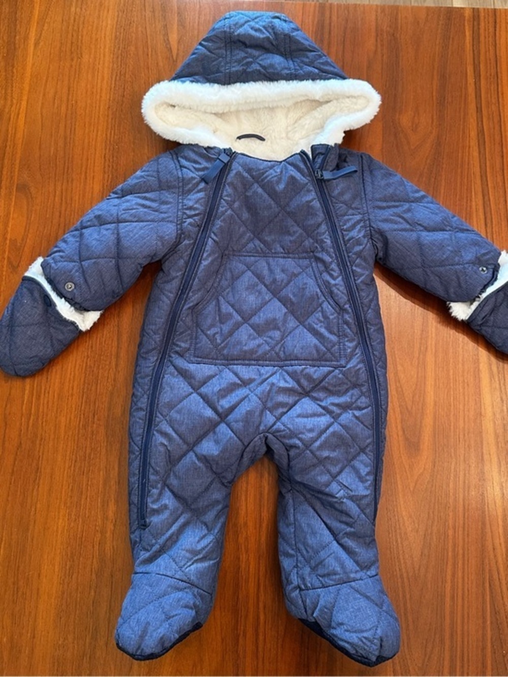 Very Warm Quilted Hooded Baby Bunting Snowsuit in Navy with Fur size 9 months